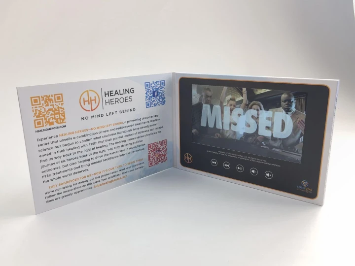Custom IPS screen video brochure with full-color print, interactive buttons, dual QR codes, and emotional video playback — perfect for nonprofit awareness campaigns and impactful messaging.