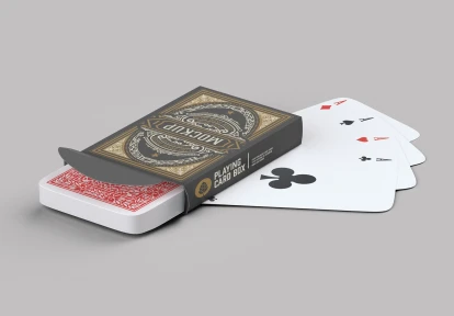 Custom-designed playing cards with full-color backs and faces, displayed in a fan layout with a branded box featuring "Custom Logo" text.          Ask ChatGPT