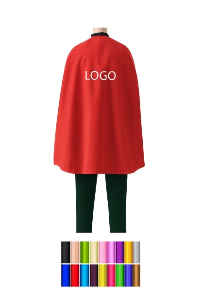 Custom colorful adult satin cape with logo imprint in red, available in multiple colors, ideal for events and promotional giveaways.