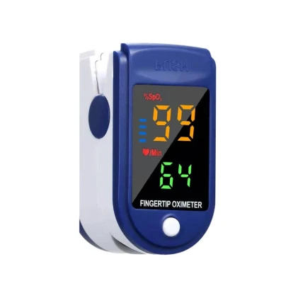Custom fingertip pulse oximeter with LED screen, FDA approved, shown with batteries on white background.