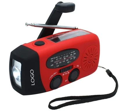 Custom emergency radio with LED flashlight, solar panel, and hand crank – ideal for hospital emergency preparedness kits