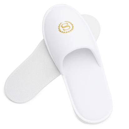 Custom fleece disposable slippers with embroidered logo, one size fits most